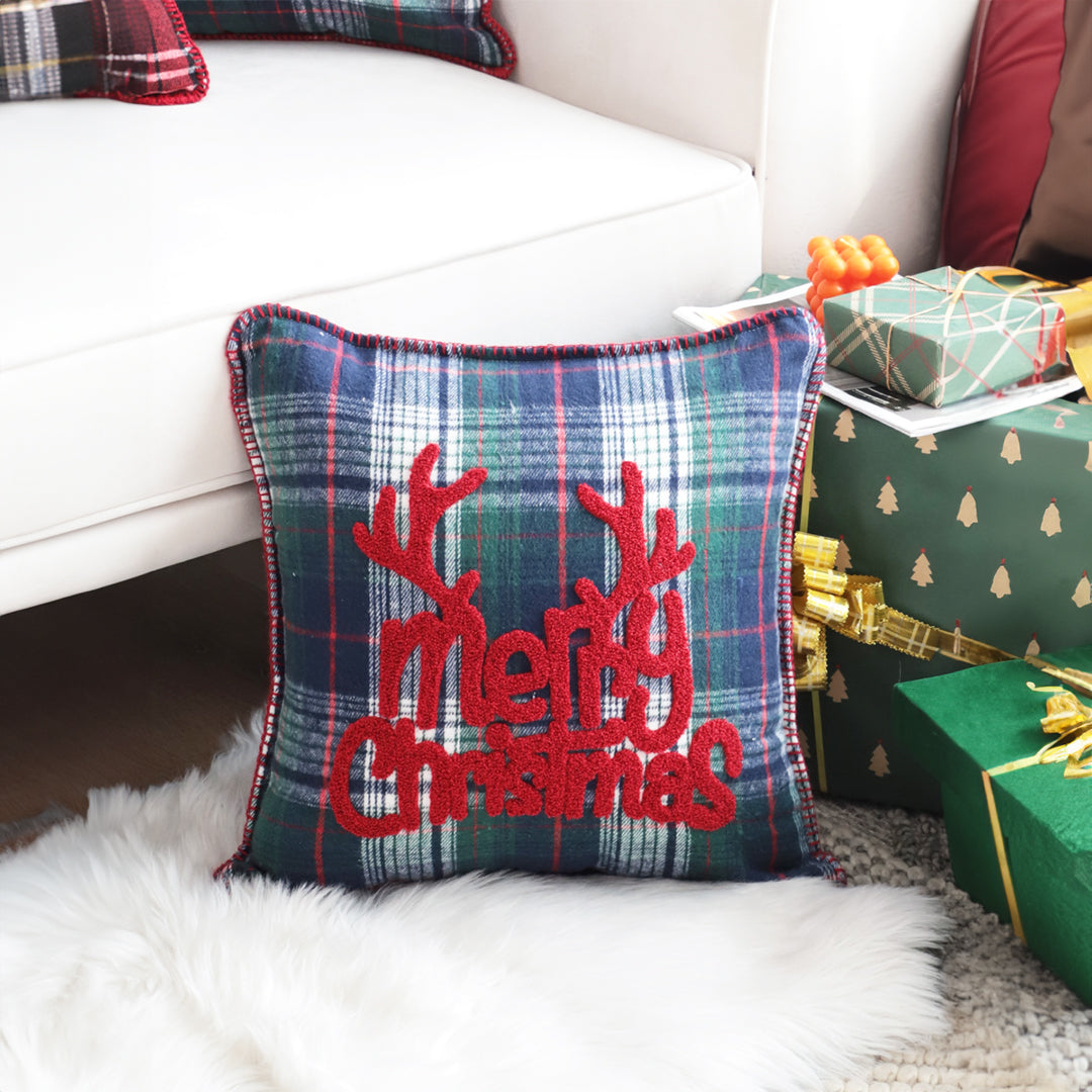 45cm Throw Pillow Multicolor Christmas Plaid with Antler Design