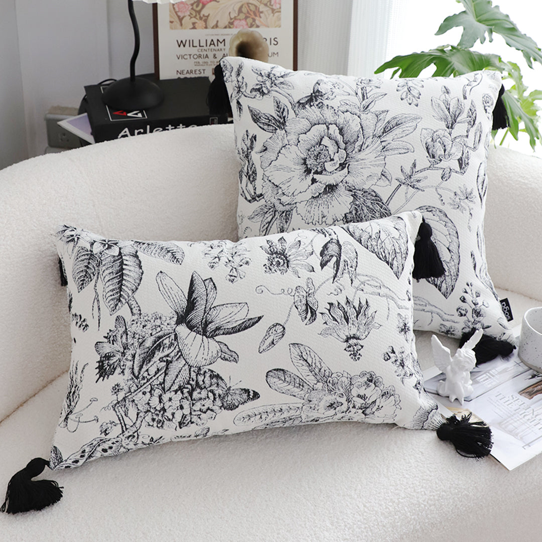 SOGA 35cm Throw Pillow  Black and White Floral Print Elegant with Tassel