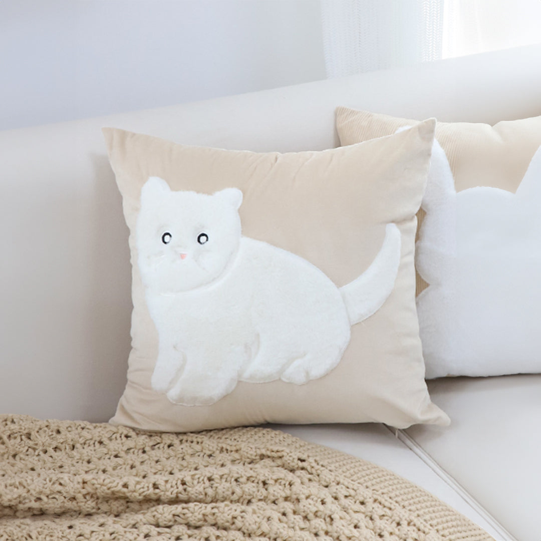 45cm Throw Pillow Light Tan Square Cushion with Soft White Cat Design