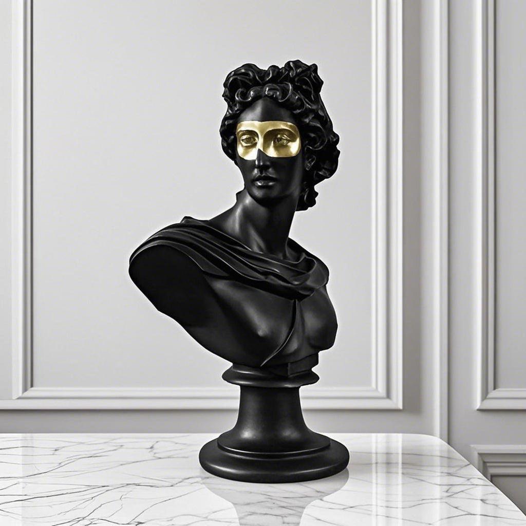 SOGA 40cm Black Classical Bust Resin Sculpture with Gold Eye Mask for Modern Home Décor