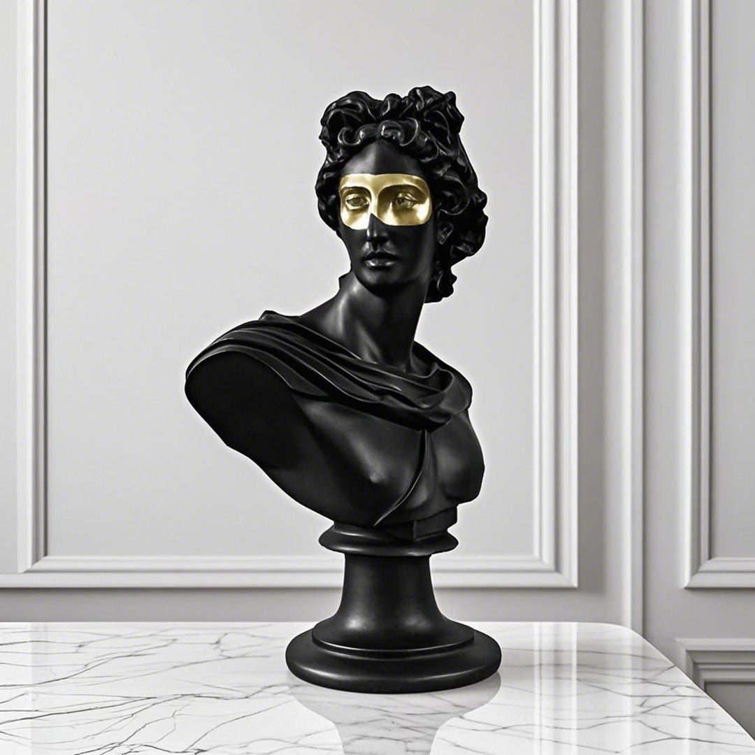 SOGA 40cm Black Classical Bust Resin Sculpture with Gold Eye Mask for Modern Home Décor