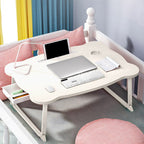White Portable Bed Table With Mini Drawer and Cup-Holder
