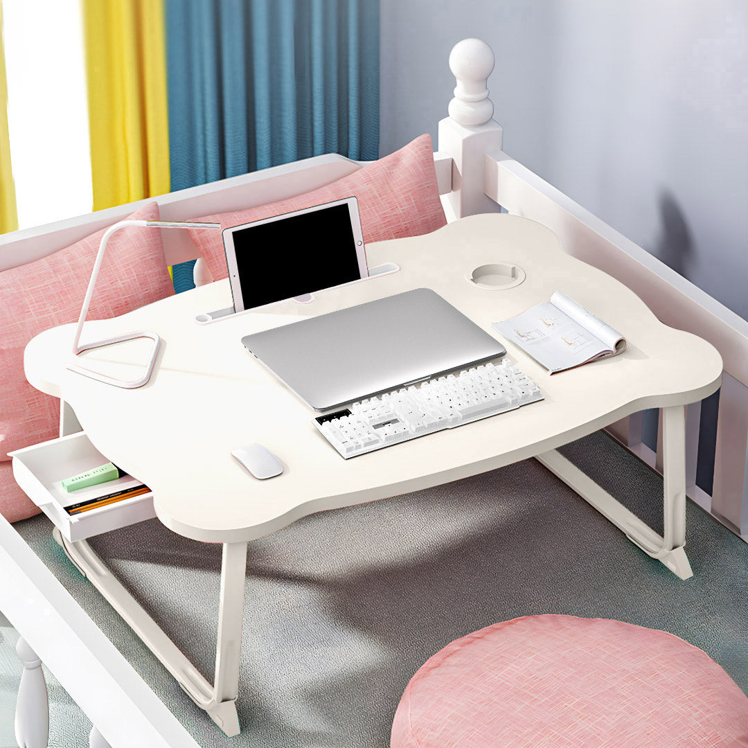 White Portable Bed Table With Mini Drawer and Cup-Holder
