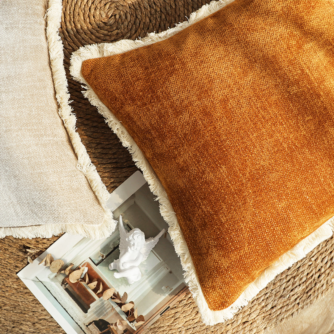 45cm Throw Pillow Sunset Orange Chenille Textured with Tassels