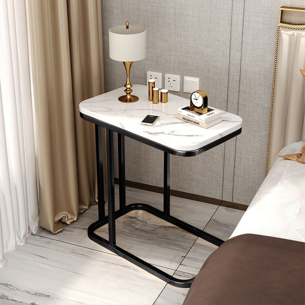 30x50x58cm White Ceramic Sofa Side Square Mini Table w/ Black Metal Legs