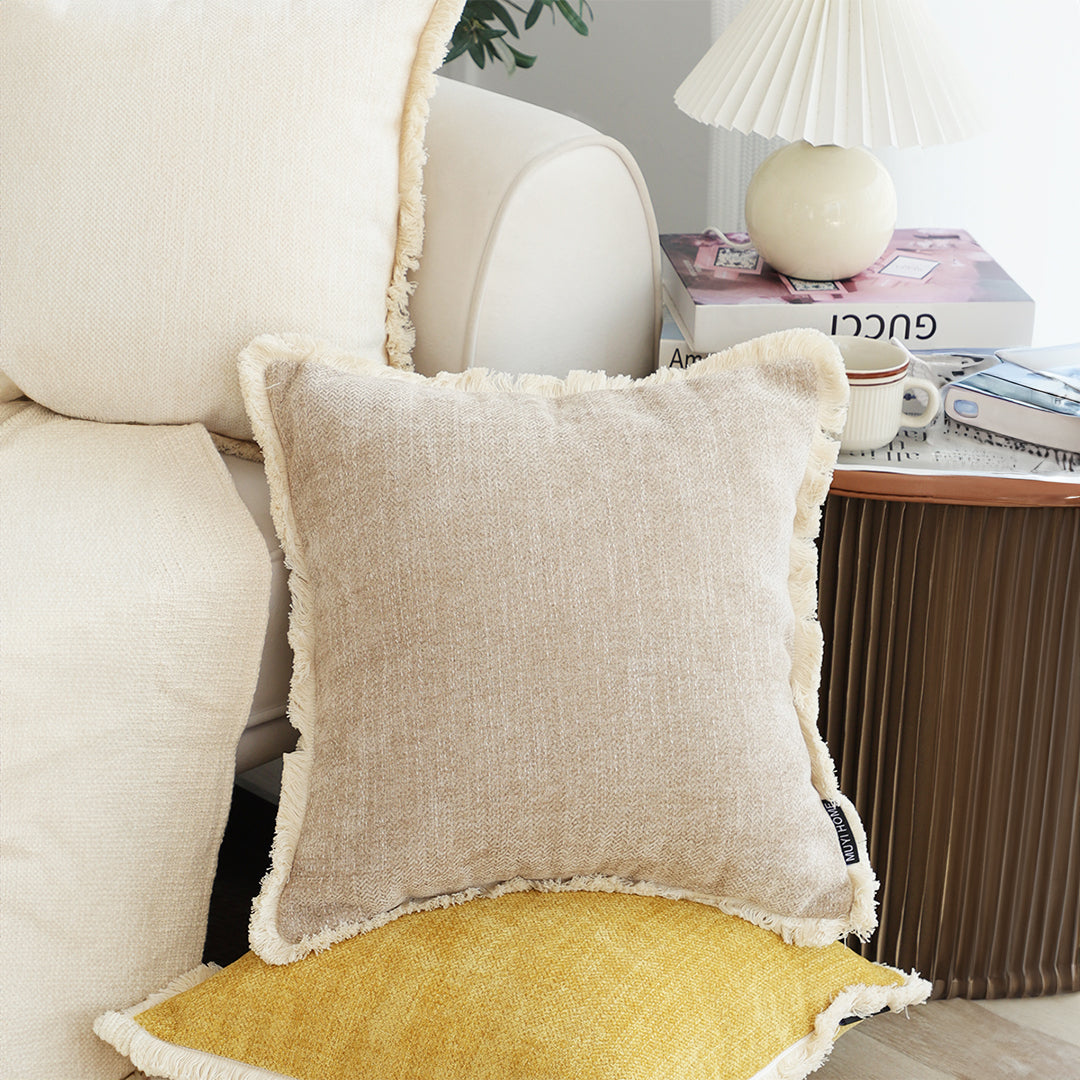 SOGA 45cm Throw Pillow Latte Color Chenille Textured with Tassels
