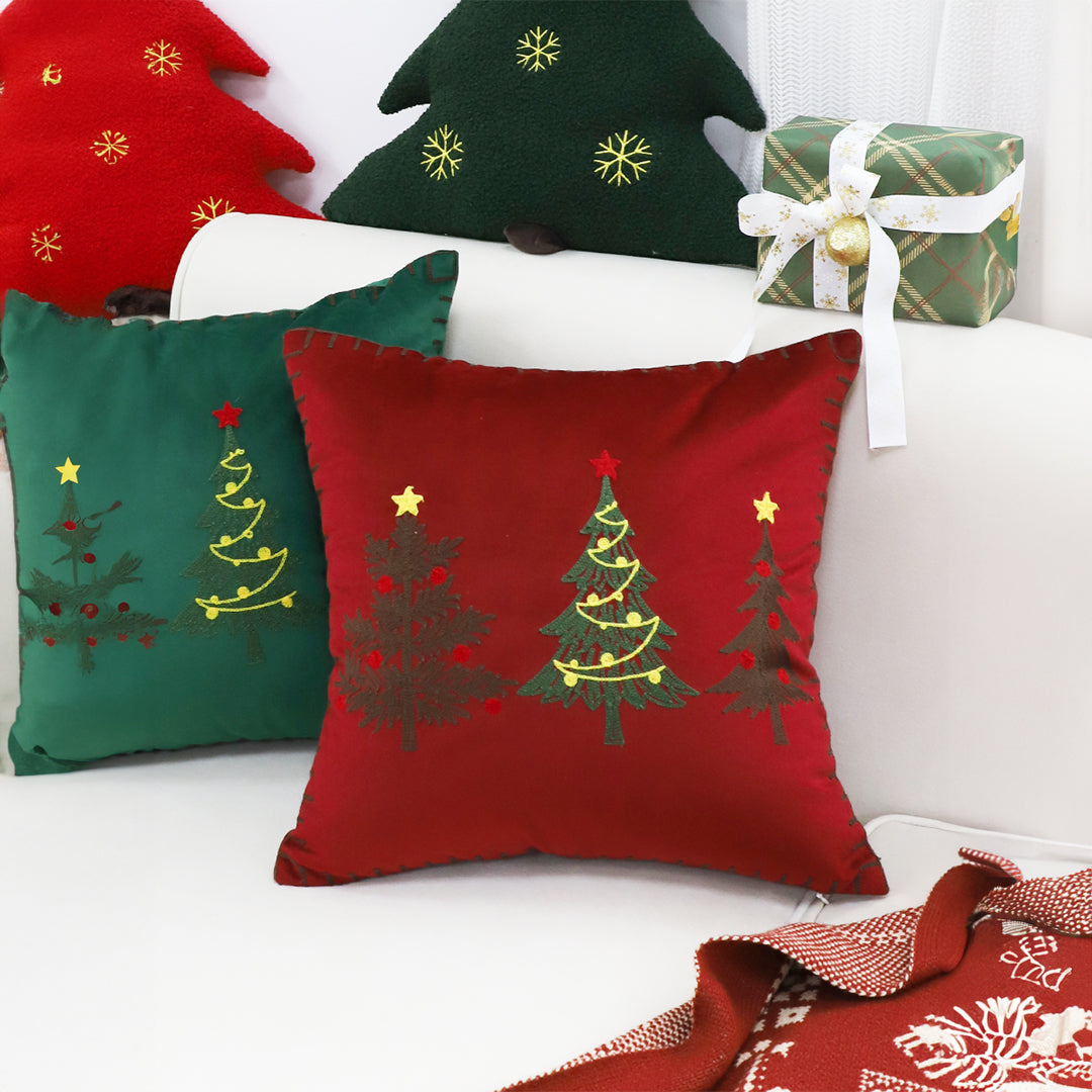 SOGA 45cm Burgundy Red Throw Pillow with Three Embroidered Christmas Trees