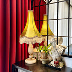 SOGA Jade Stone Base Table Lamp Vintage Yellow Shade Tassel Fringe Bedside Desk Light