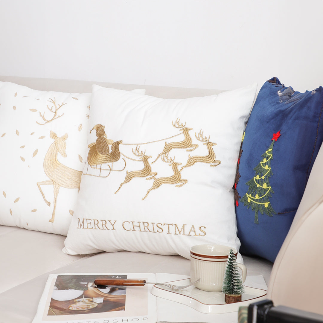 SOGA 45cm Throw Pillow White with Golden Christmas Sleigh Design