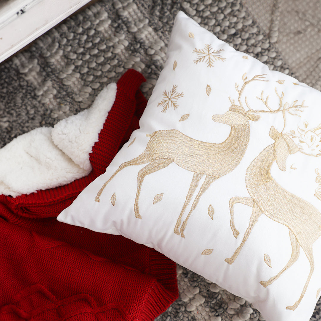 45cm Throw Pillow White with Golden Christmas Reindeer Festive