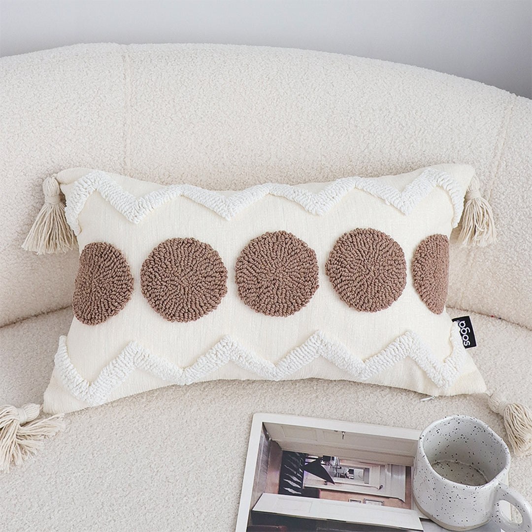SOGA Boho Tufted Cushion 30x50cm Tassel White Brown Circle Decorative Throw Pillow