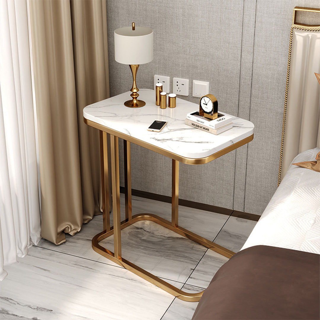 30x50cm White Ceramic Sofa Side Square Mini Table w/ Gold Metal Legs