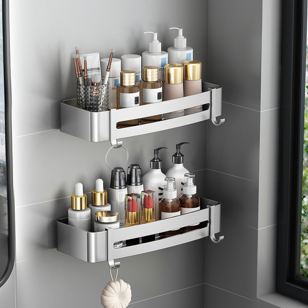 Silver Wall-Mounted Rectangular Bathroom Rack with Hooks