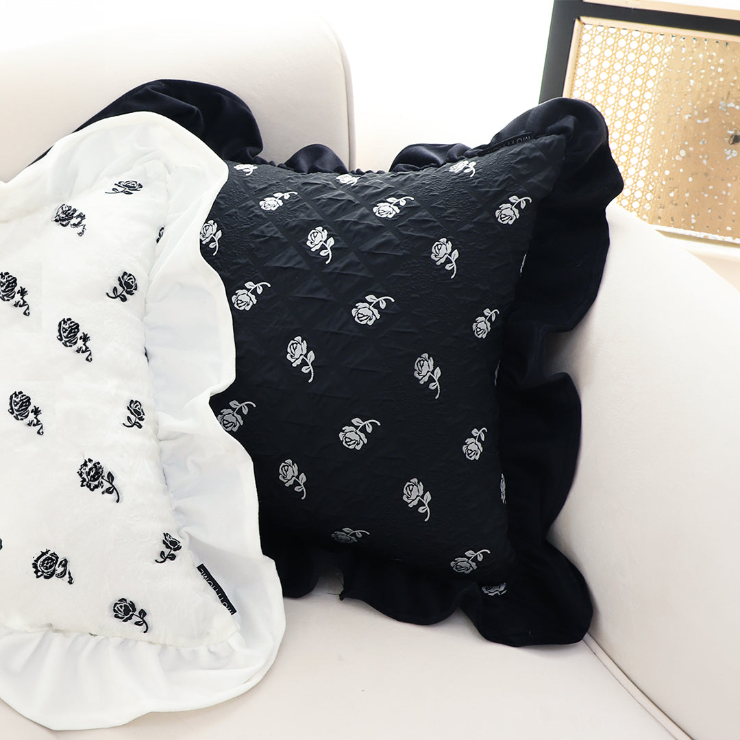 45cm Throw Pillow Black Ruffled Square