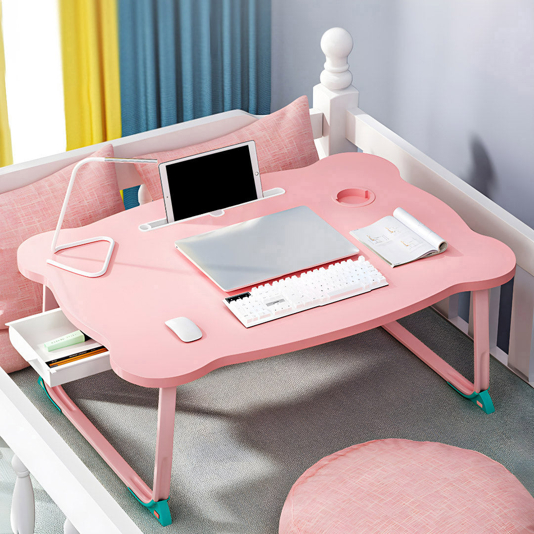 Pink Portable Bed Table With Mini Drawer and Cup-Holder