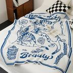 SOGA Off-White Cat Print Throw Blanket 130x160cm Polyester