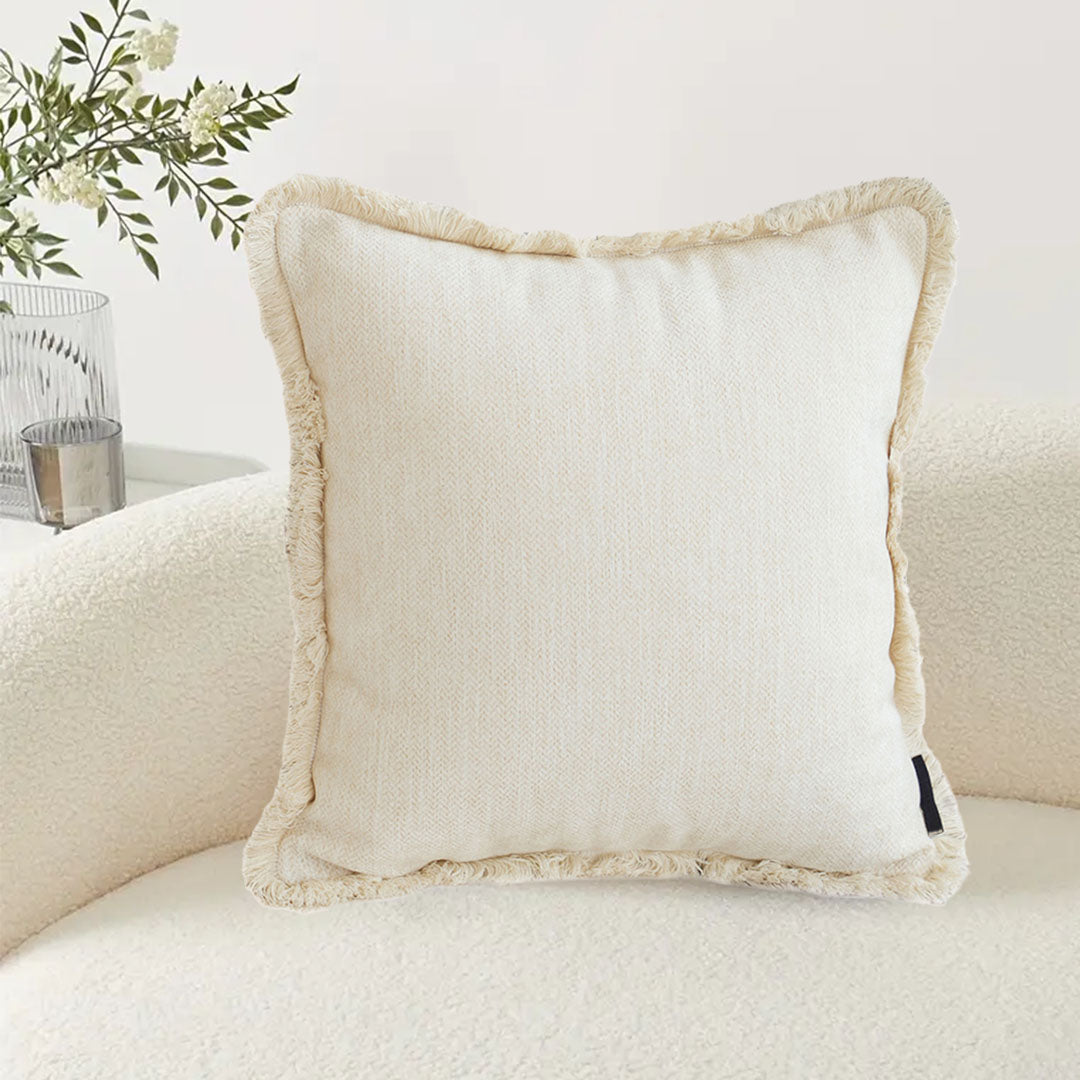 SOGA 45cm Creamy White Home Aesthetic Chenille Texture Tassel Square Throw Pillow