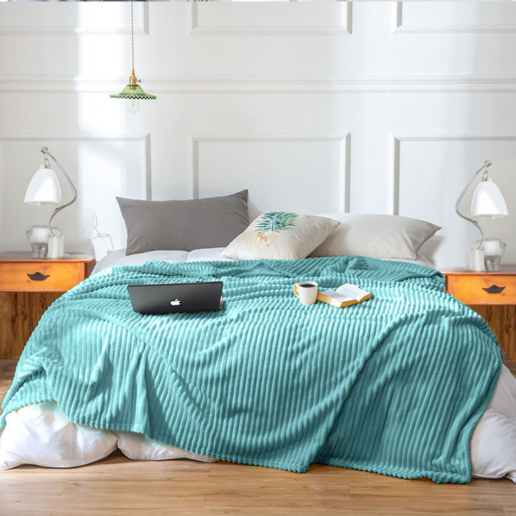Sky Blue Throw Blanket Warm Cozy Striped Pattern Thin Flannel Coverlet