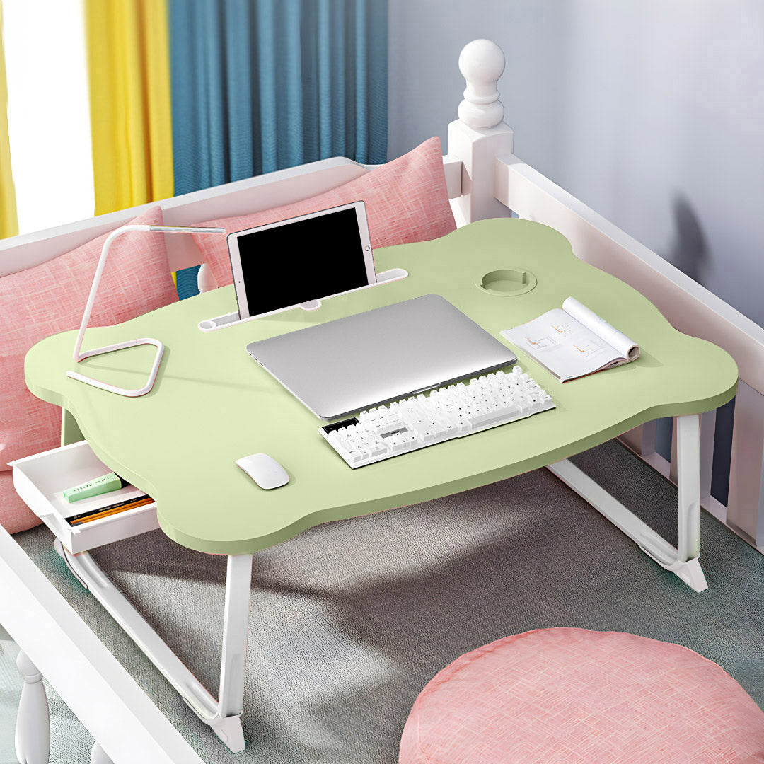 Green Portable Bed Table With Mini Drawer and Cup-Holder