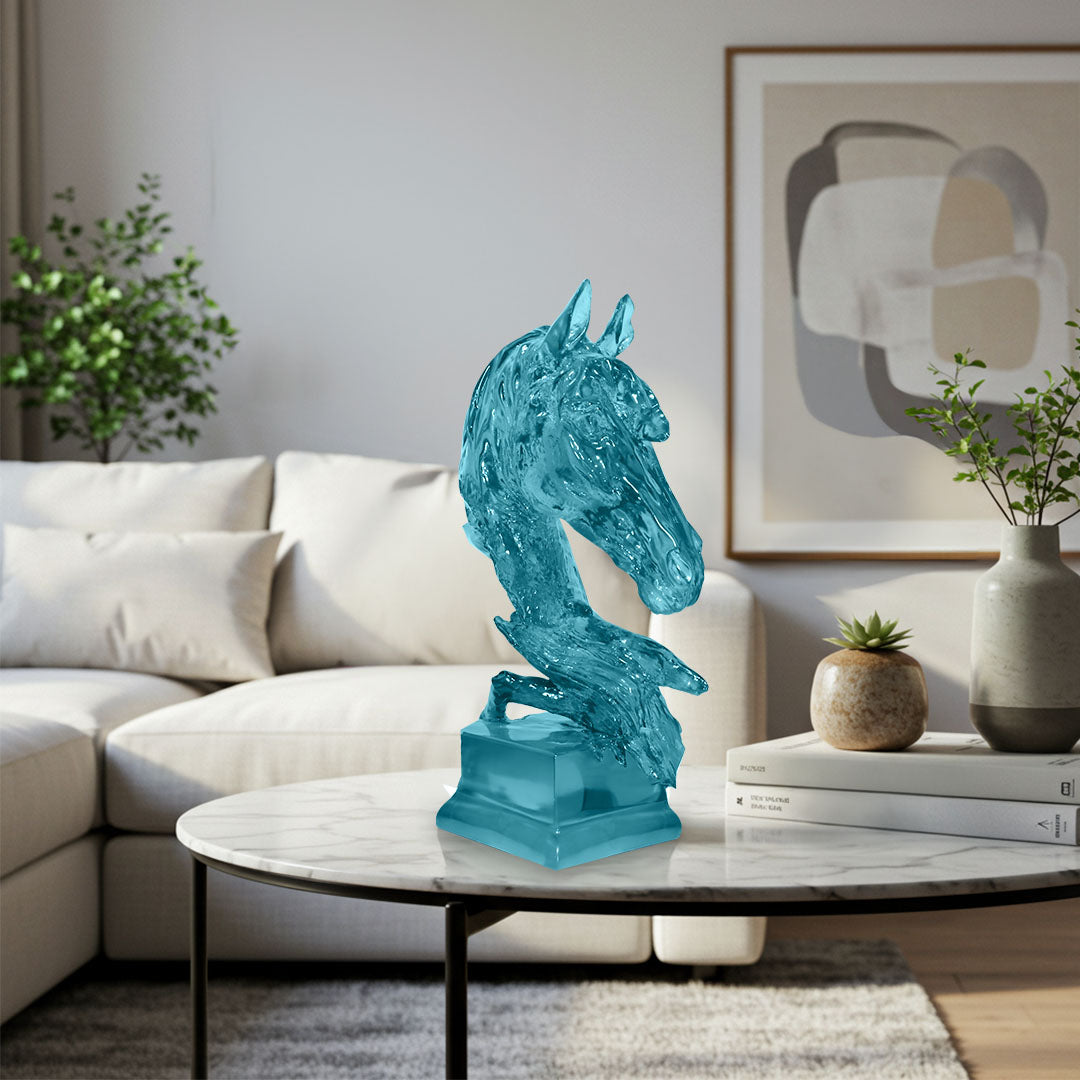 SOGA 37cm Blue Horse Head Resin Sculpture Flowing Mane Design Modern Art for Home Décor