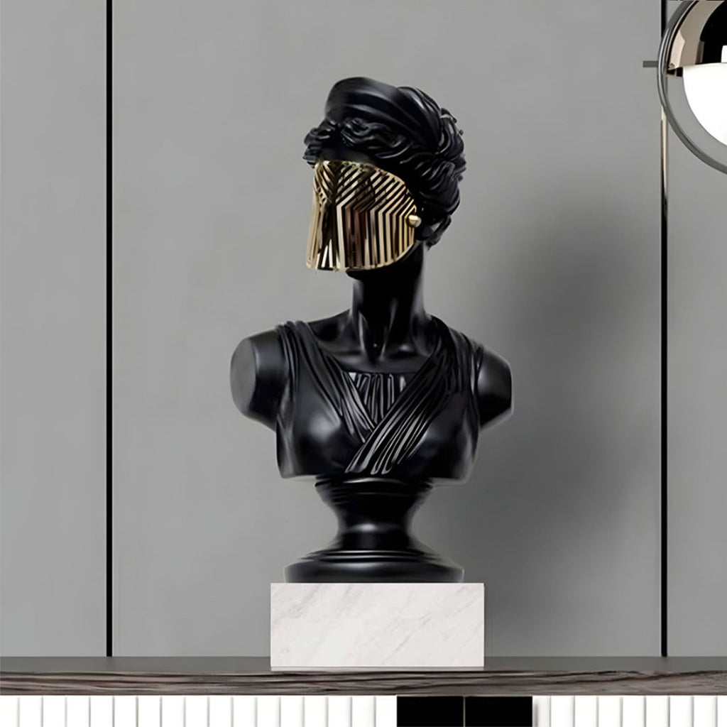 SOGA 45cm Black Resin Bust – Gold Striped Mask Home Sculpture