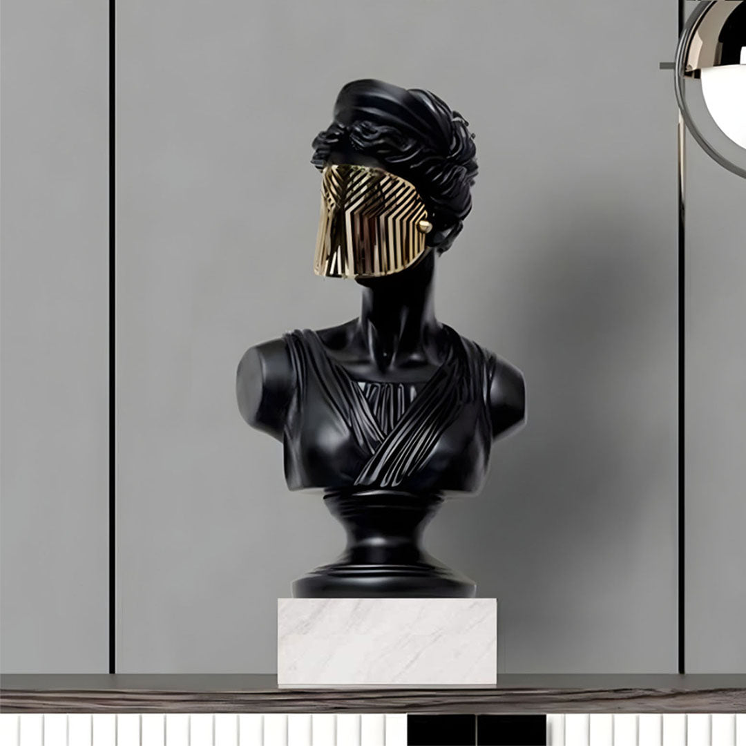 SOGA 45cm Black Resin Bust – Gold Striped Mask Home Sculpture