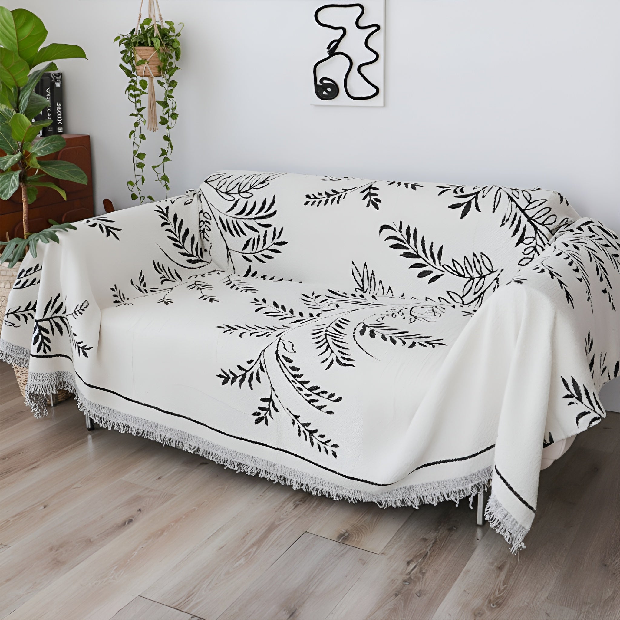 SOGA Two-seater White Sofa Cover Leaf Print 180x260cm Polyester