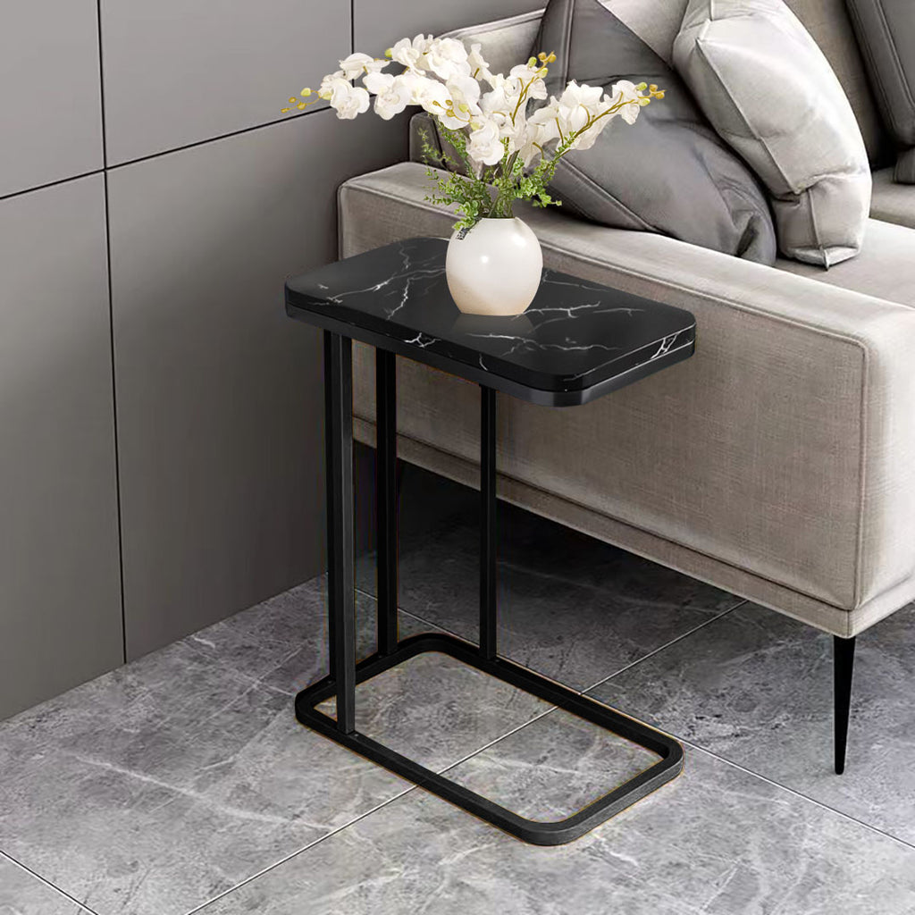 30x50cm Black Stone-Patterned Side Square Mini Table w/ Black Metal Legs