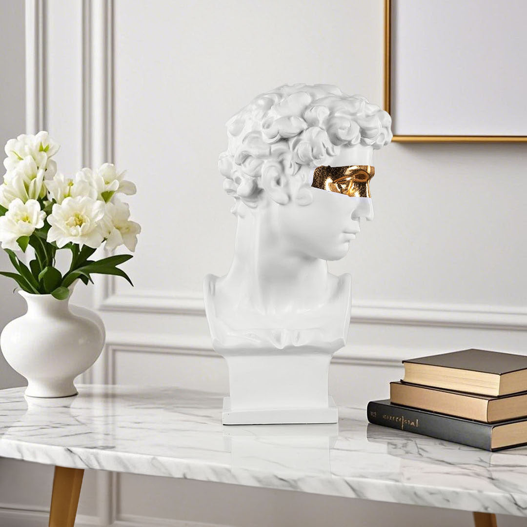 SOGA 56cm White Resin Bust Sculpture Gold Masked Design Modern Art for Home Décor
