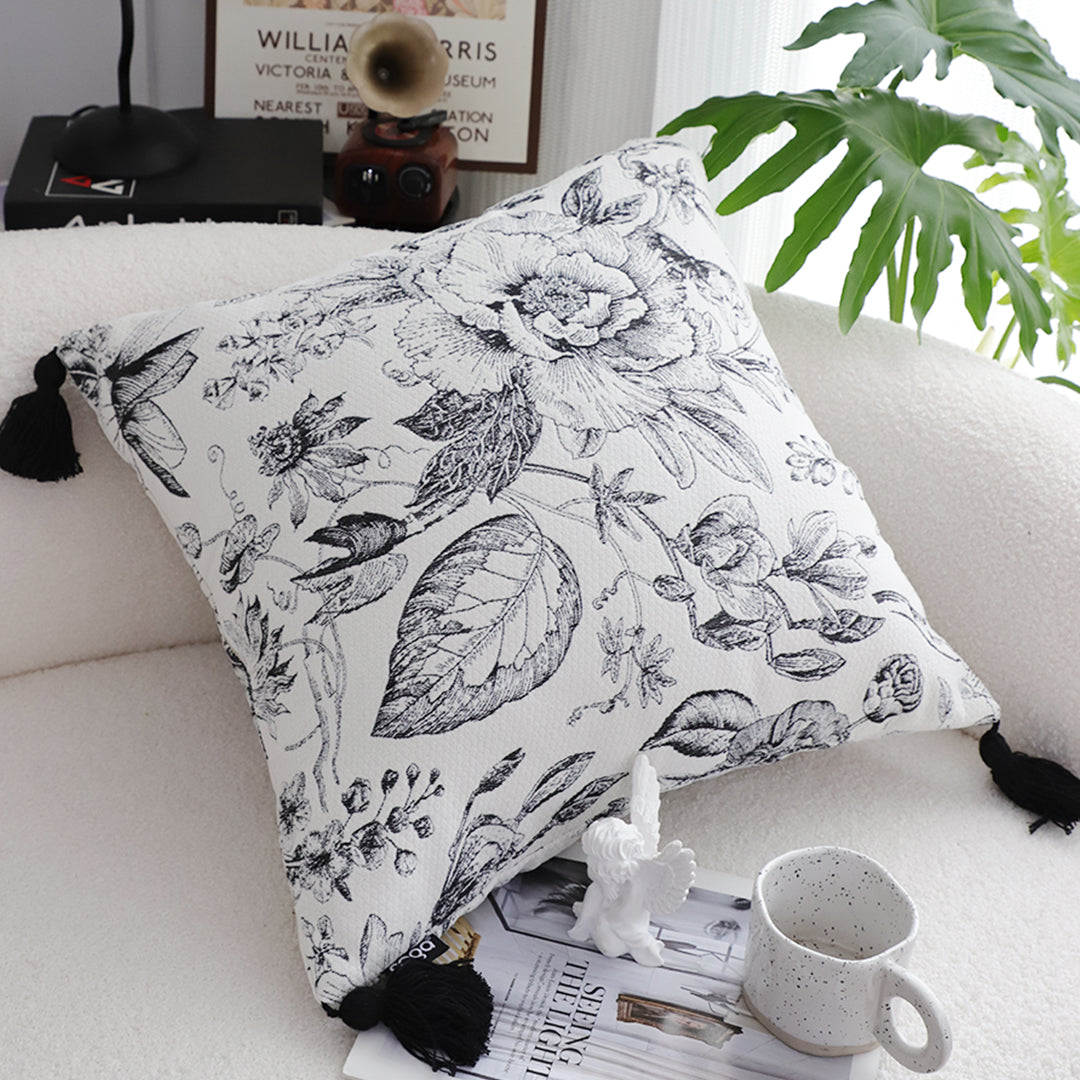 SOGA 50cm Throw Pillow  Black and White Elegant Floral Print with Tassel