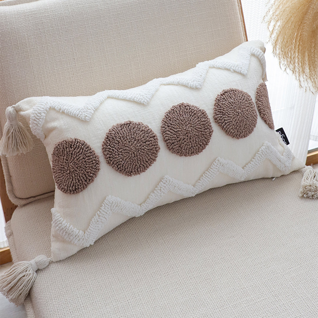 SOGA Boho Tufted Cushion 30x50cm Tassel White Brown Circle Decorative Throw Pillow