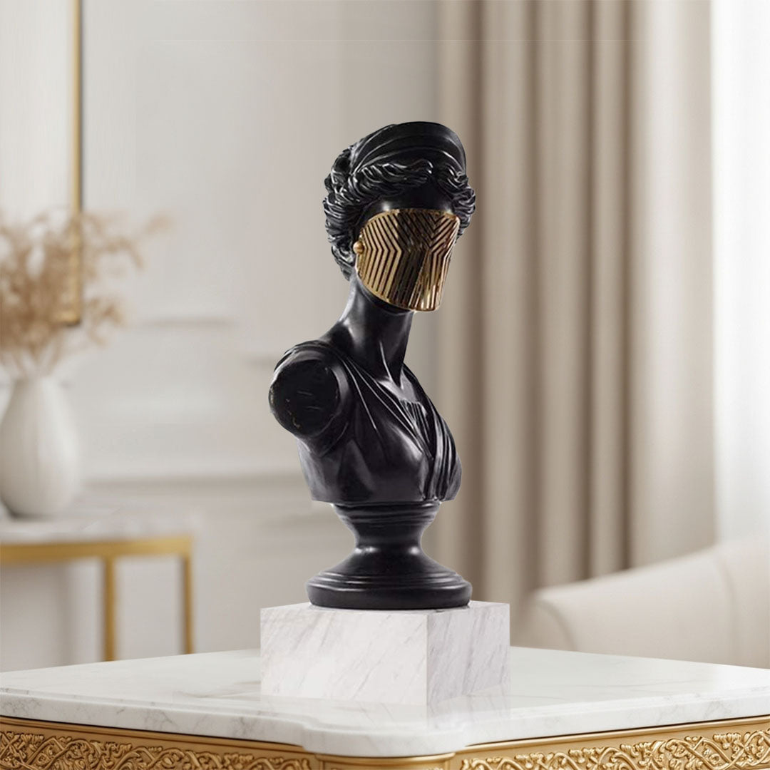 SOGA 45cm Black Resin Bust – Gold Striped Mask Home Sculpture
