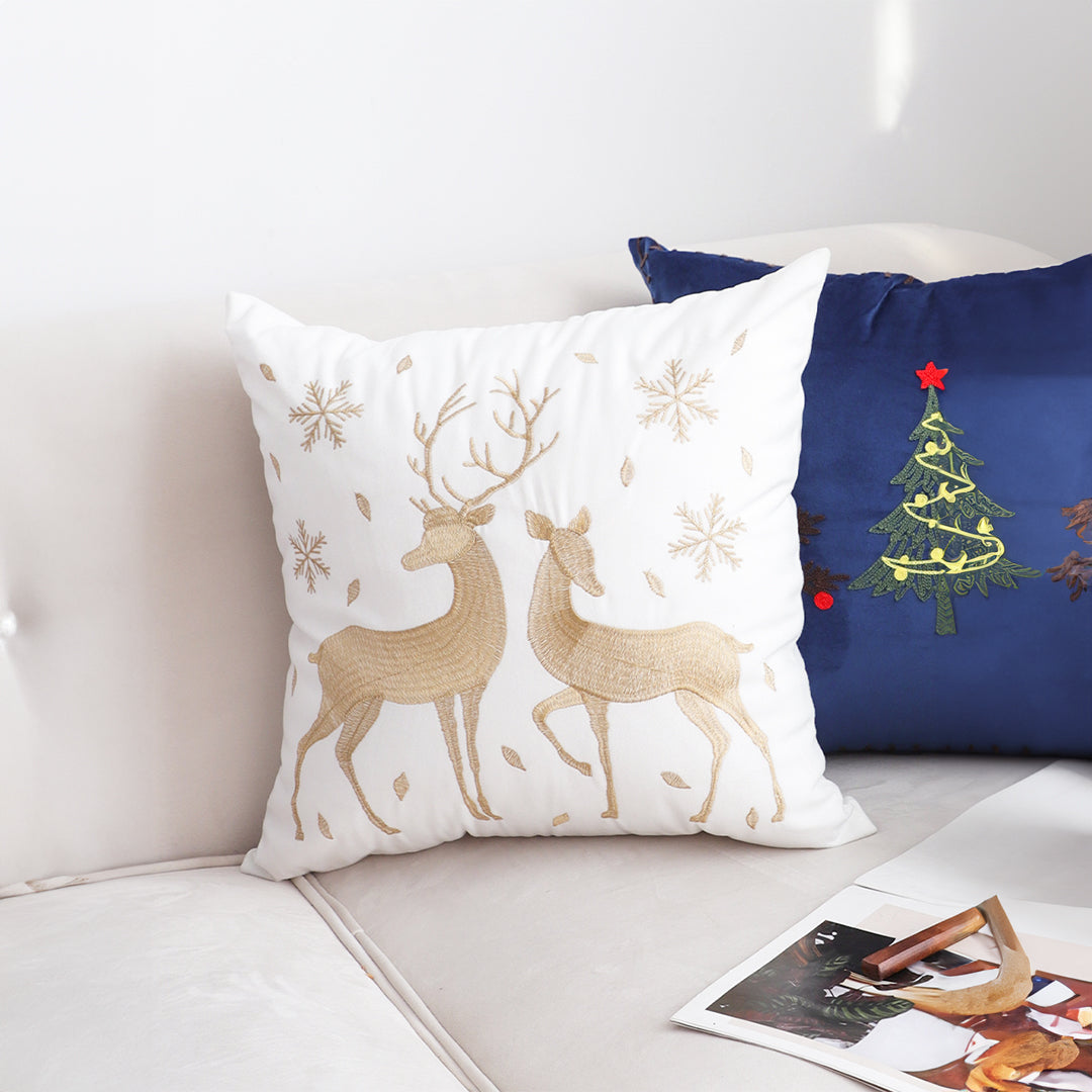 45cm Throw Pillow White with Golden Christmas Reindeer Festive