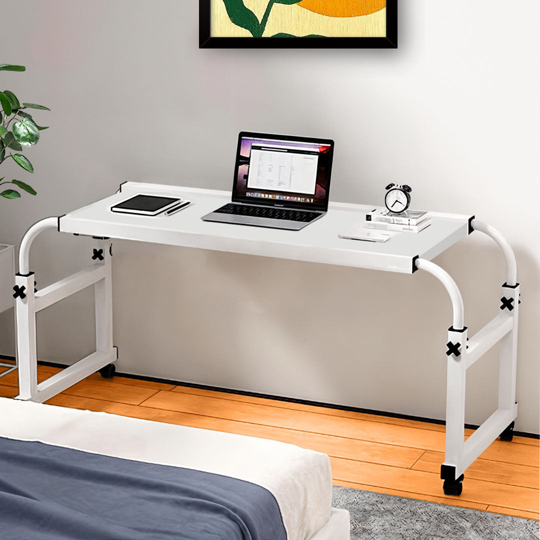 120x45cm White Cross Bed Movable Desk Table w/ Adjustable Length & Height