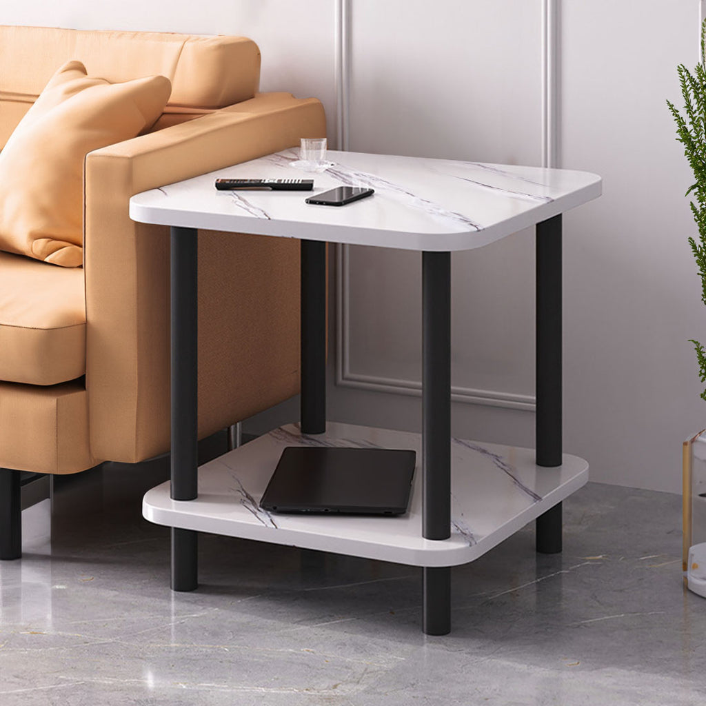 70cm White Ceramic Table Stone Pattern with Black Metal Legs