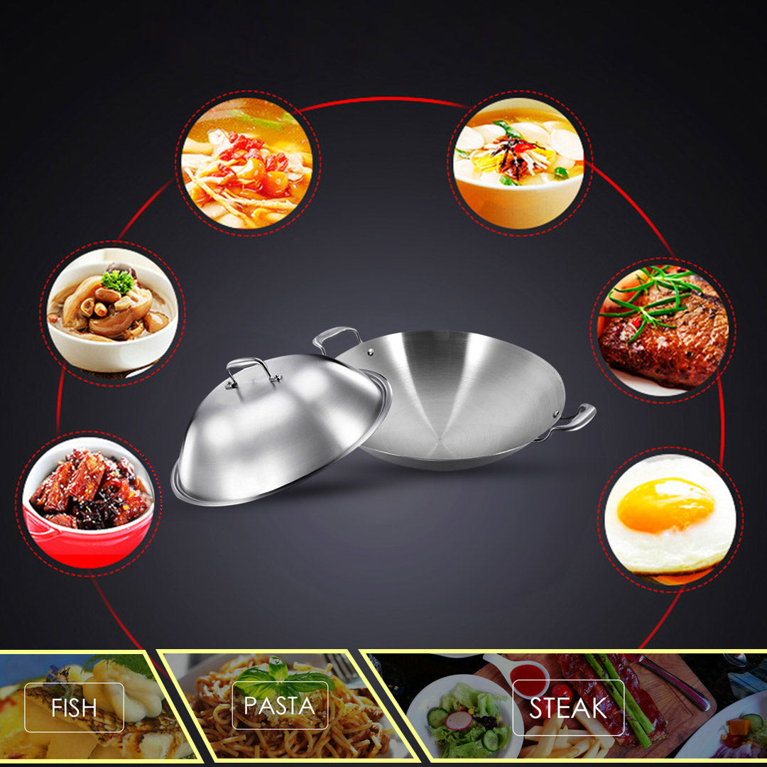 38cm Stainless Steel Frying Wok with Lid