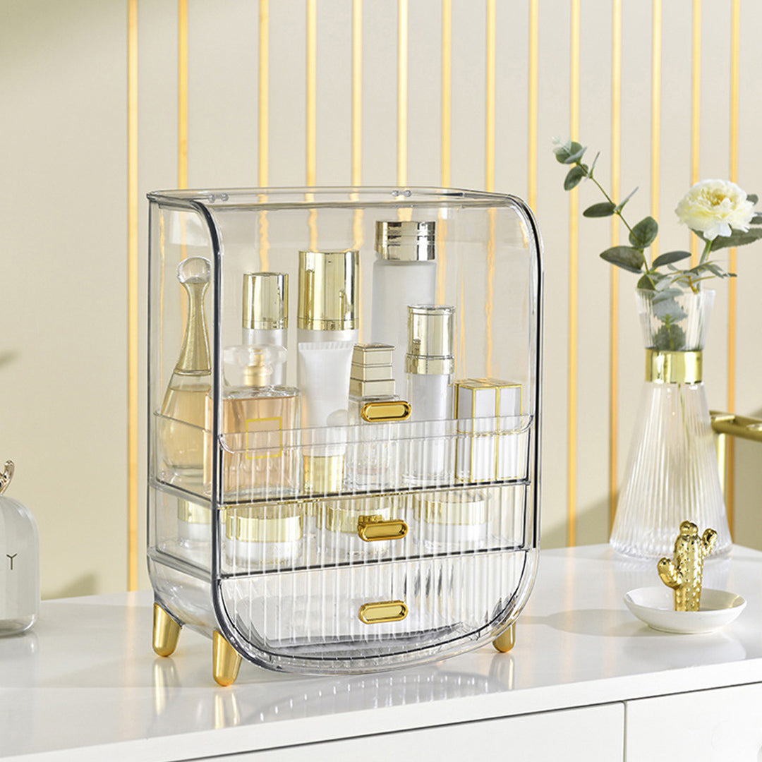 3 Tier Transparent Multifunctional Countertop Cosmetic Storage Drawer Type Organiser