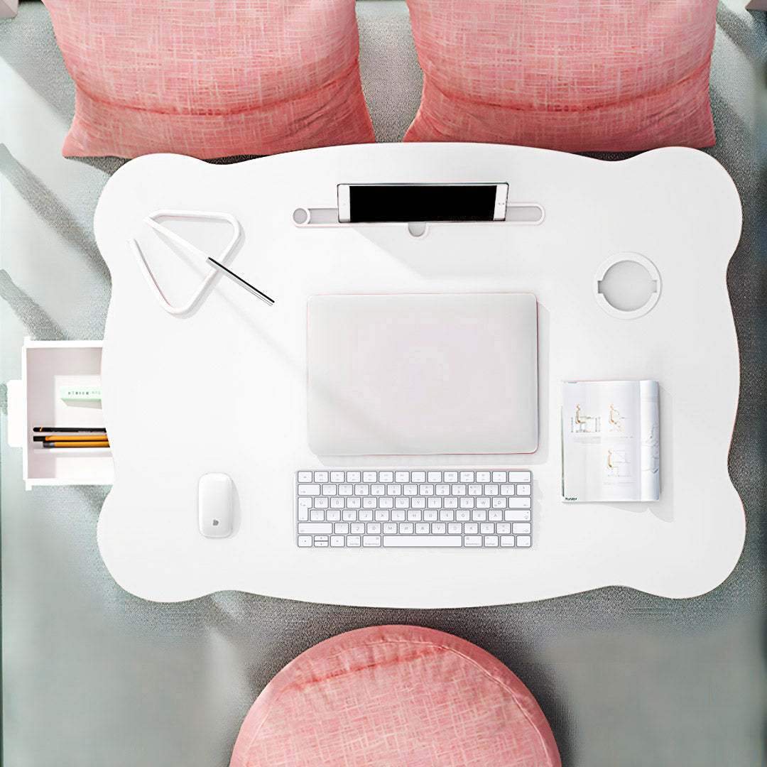 White Portable Bed Table With Mini Drawer and Cup-Holder