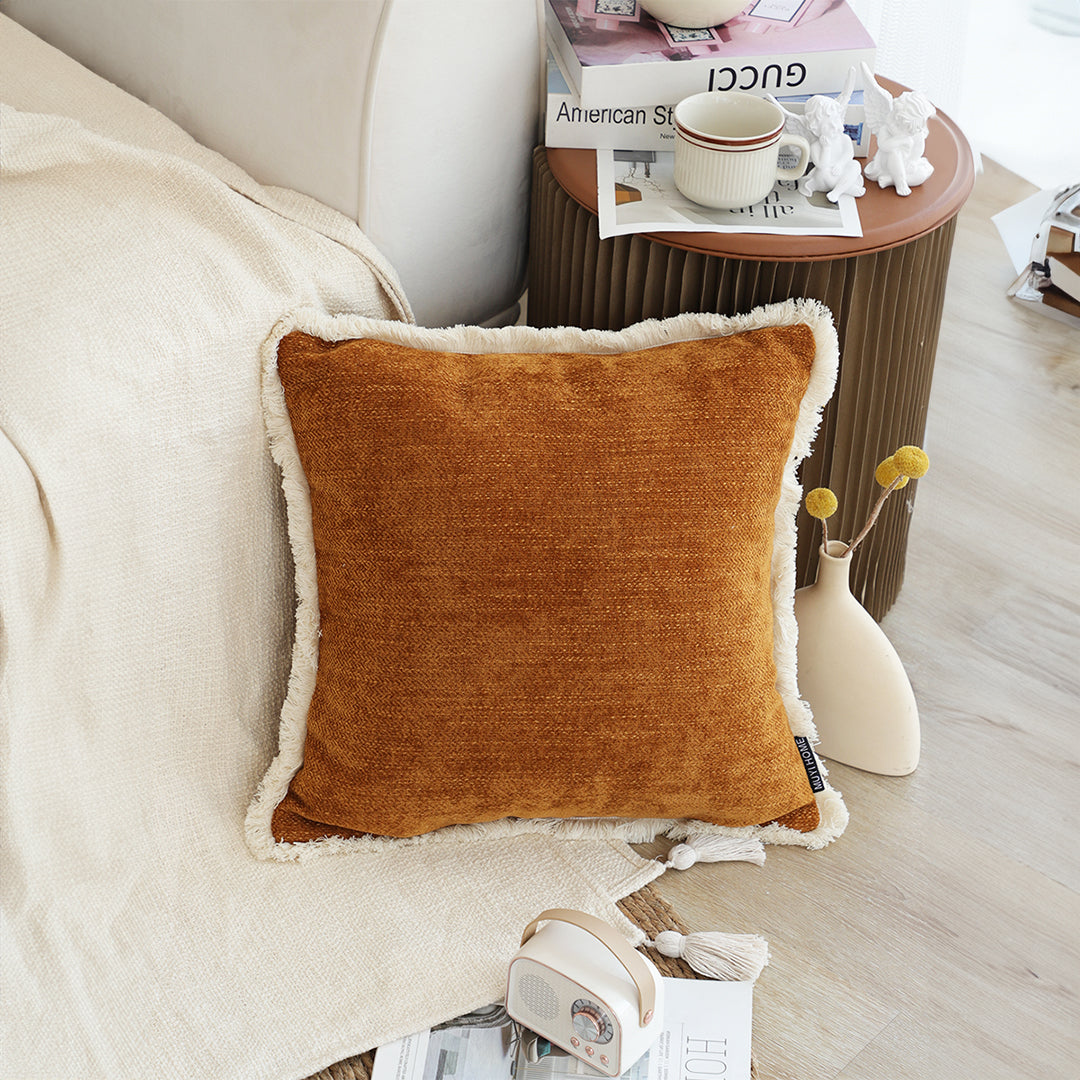 45cm Throw Pillow Sunset Orange Chenille Textured with Tassels