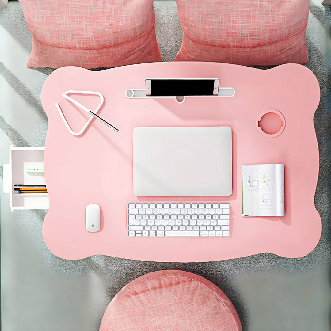 Pink Portable Bed Table With Mini Drawer and Cup-Holder