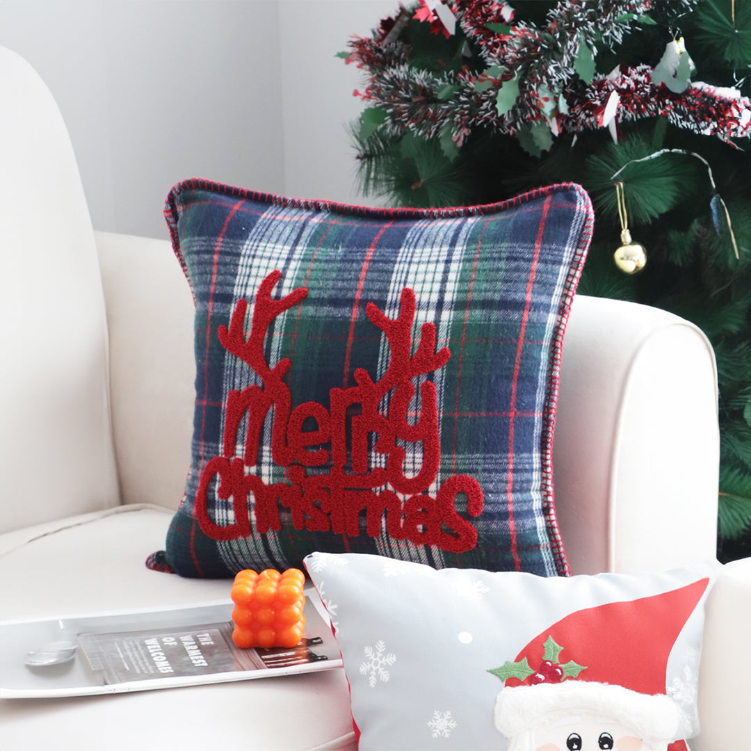 45cm Throw Pillow Multicolor Christmas Plaid with Antler Design