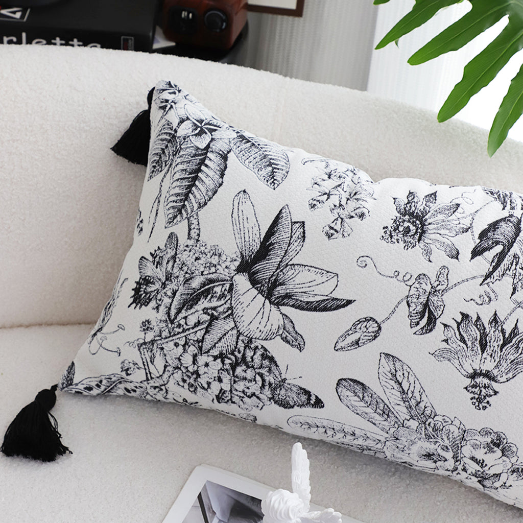SOGA 35cm Throw Pillow  Black and White Floral Print Elegant with Tassel