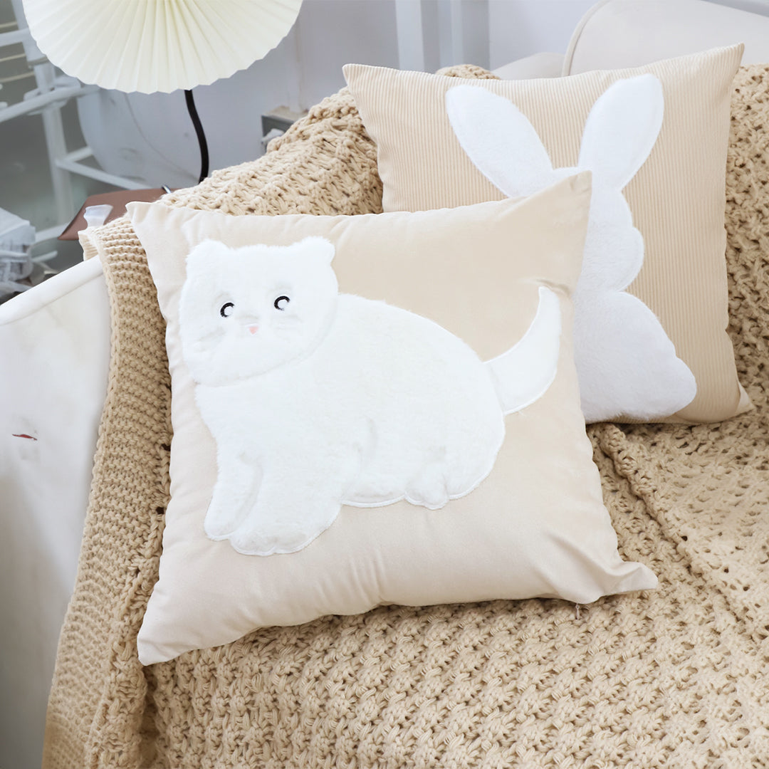 45cm Throw Pillow Light Tan Square Cushion with Soft White Cat Design