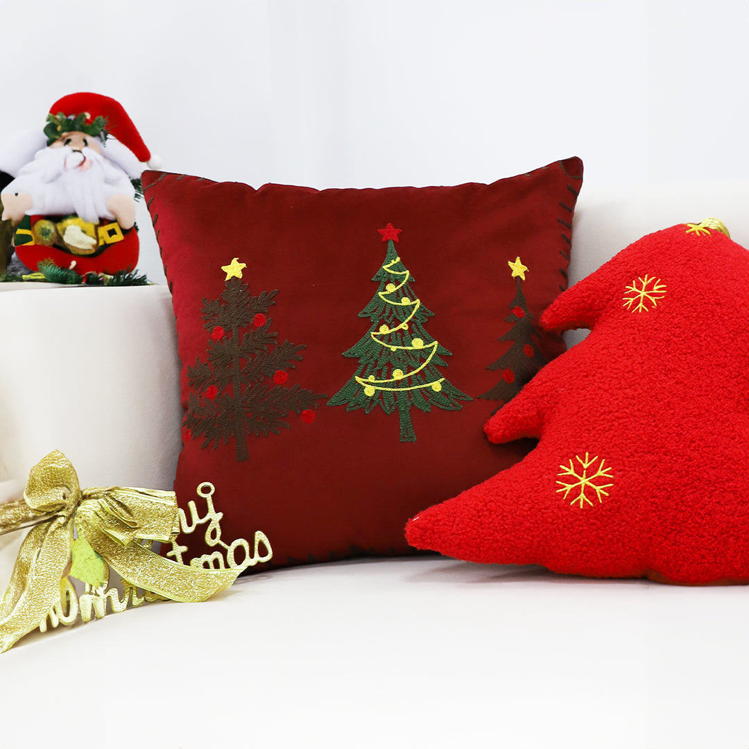 SOGA 45cm Burgundy Red Throw Pillow with Three Embroidered Christmas Trees