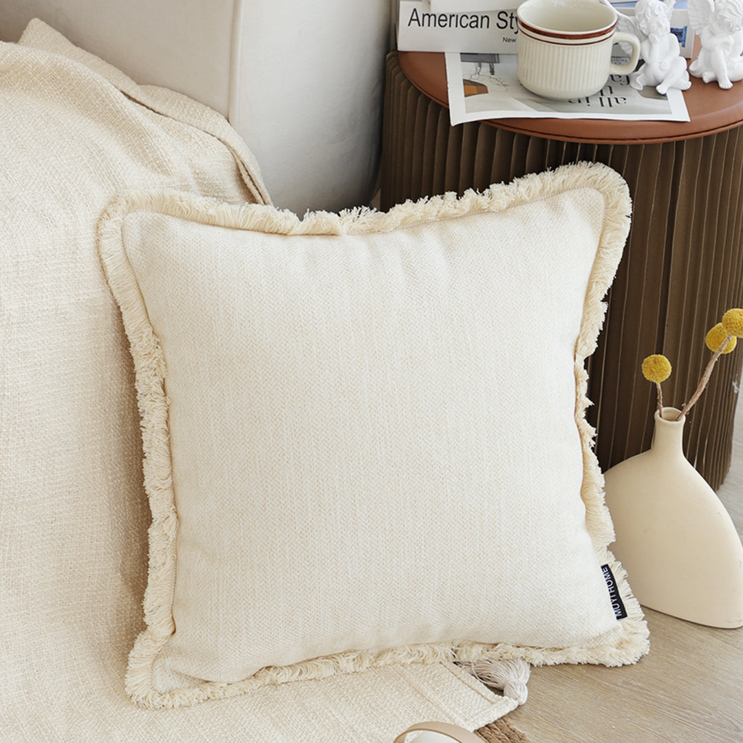 SOGA 45cm Throw Pillow White Chenille Textured with Tassels Stylish Square