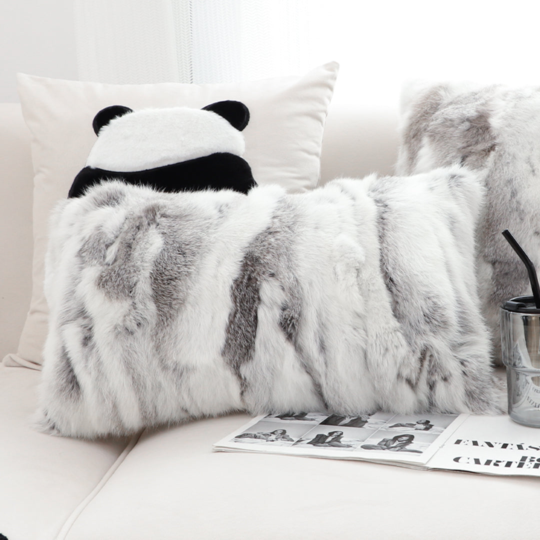 30cm Throw Pillow Floral Gray Rabbit Fur Lumbar
