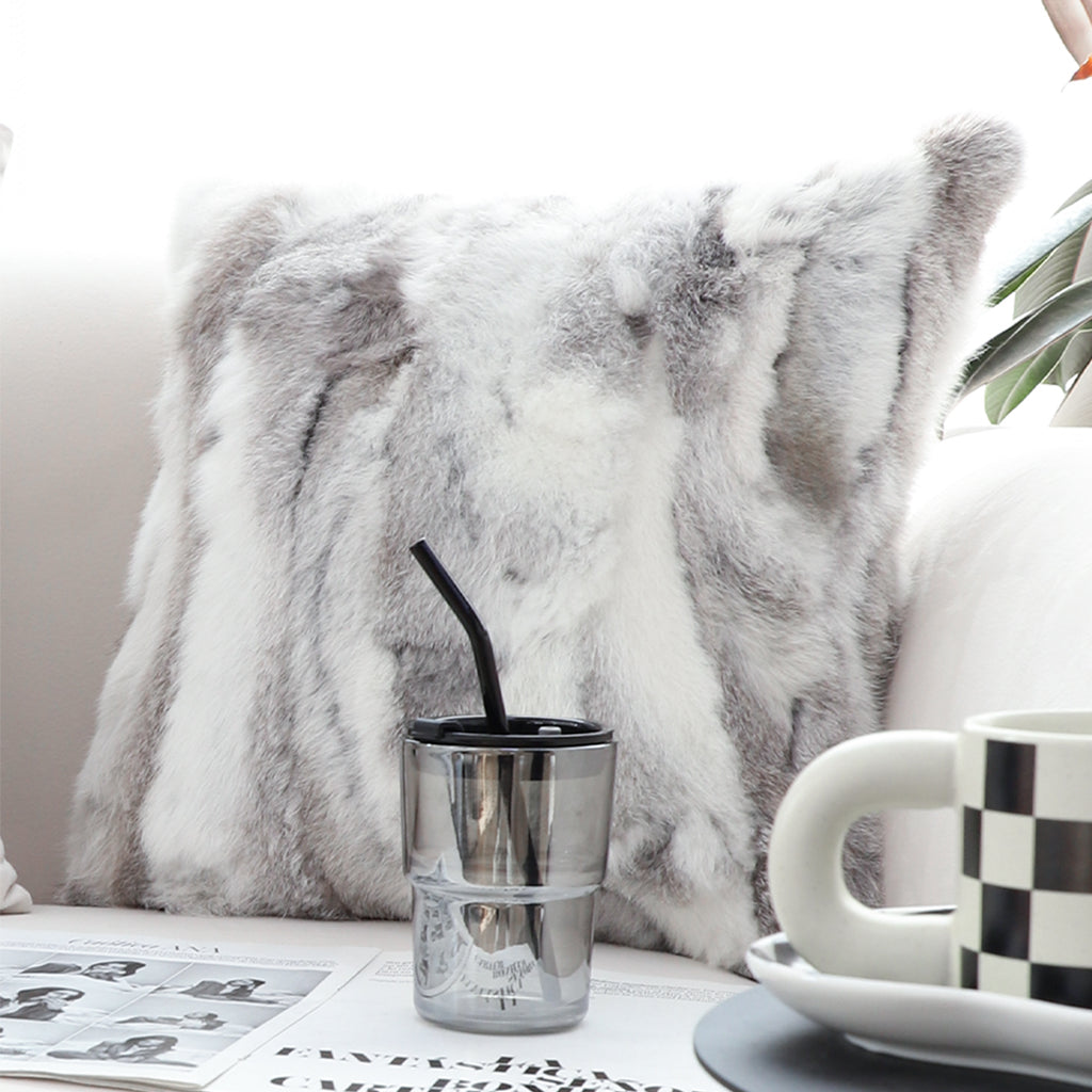 45cm Throw Pillow Floral Gray Rabbit Fur Square