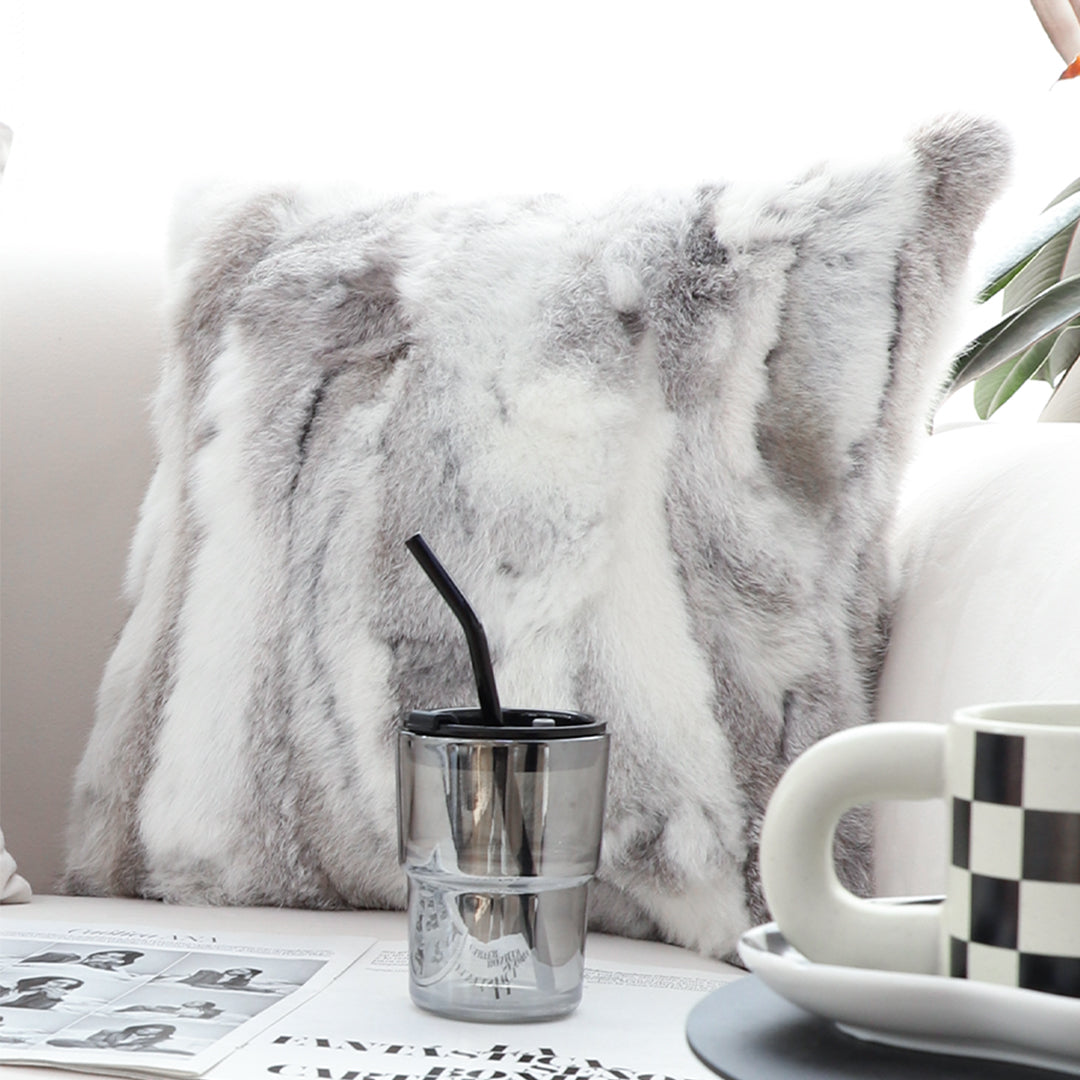45cm Throw Pillow Floral Gray Rabbit Fur Square
