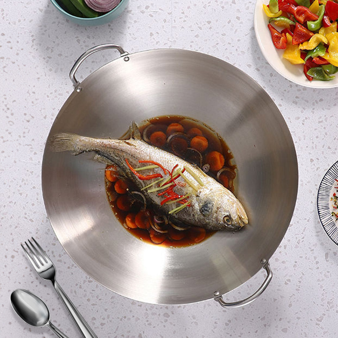 55cm Stainless Steel Kitchen Cooking Wok with 2 Sturdy Handles