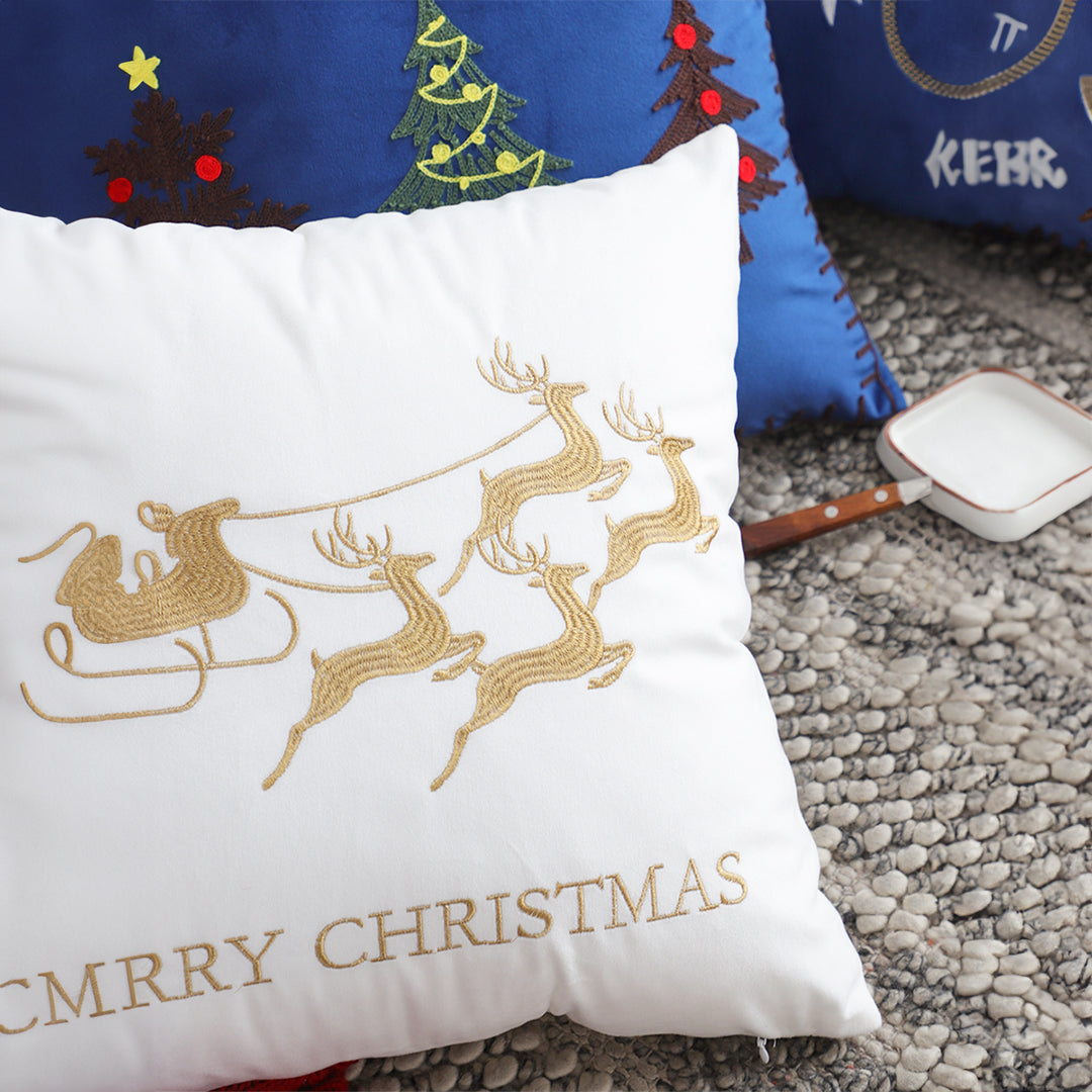 SOGA 45cm Throw Pillow White with Golden Christmas Sleigh Design